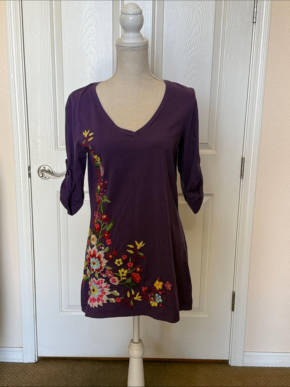 Purple V-Neck Floral Embroidered Women's Top